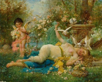 Women Painting - floral angel and nude Hans Zatzka beautiful woman lady